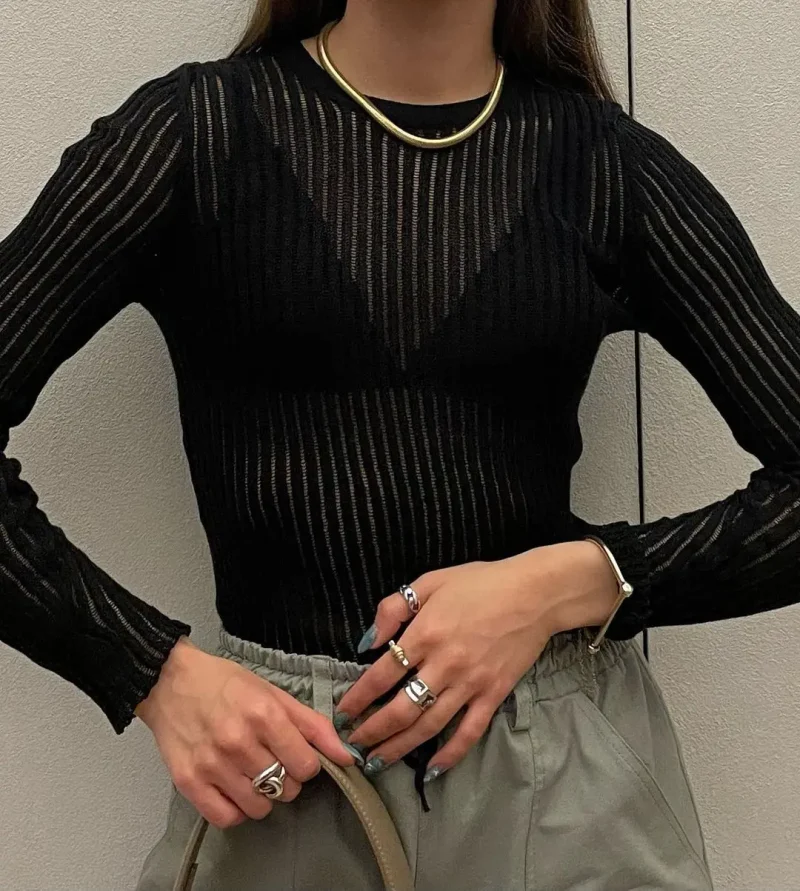 Eco-friendly White Striped See-Through Party Top - Image 6
