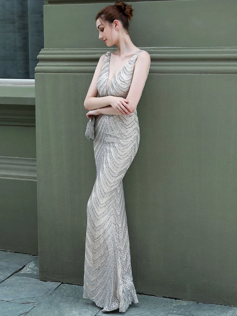 Eco-Friendly White Sequin Backless Fishtail Maxi Dress - Image 9