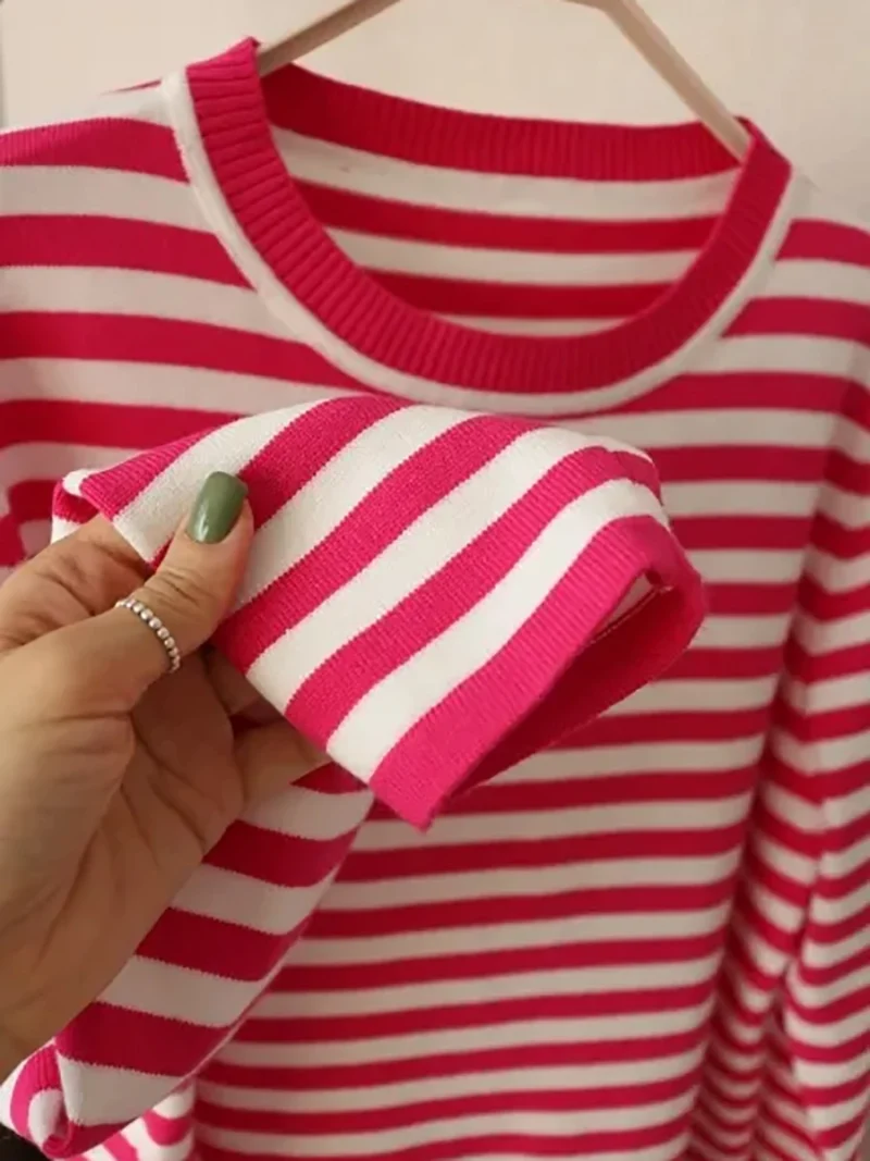 Eco-friendly Loose Casual Striped Knitted Sweater - Image 3