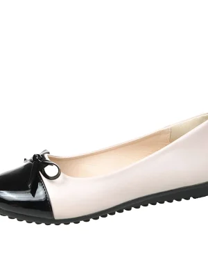 Round Toe Ballet Flats: Bow-Detail Leather Loafers with Black Toe Cap