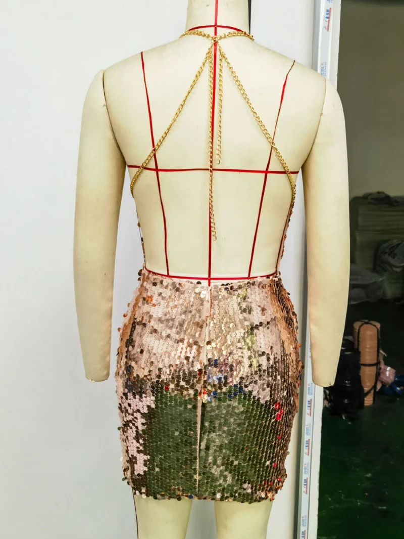 Eco-Friendly Backless Metal Halter Sequin Mini Dress - Image 2