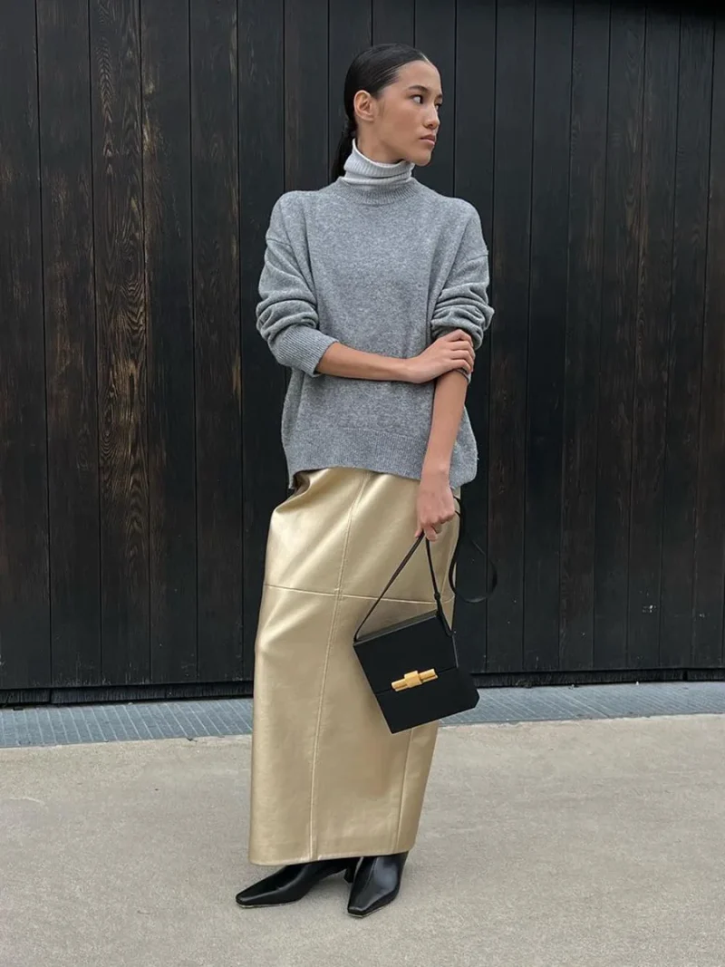 Eco-friendly Gold PU Leather High Waist Skirt - Image 4