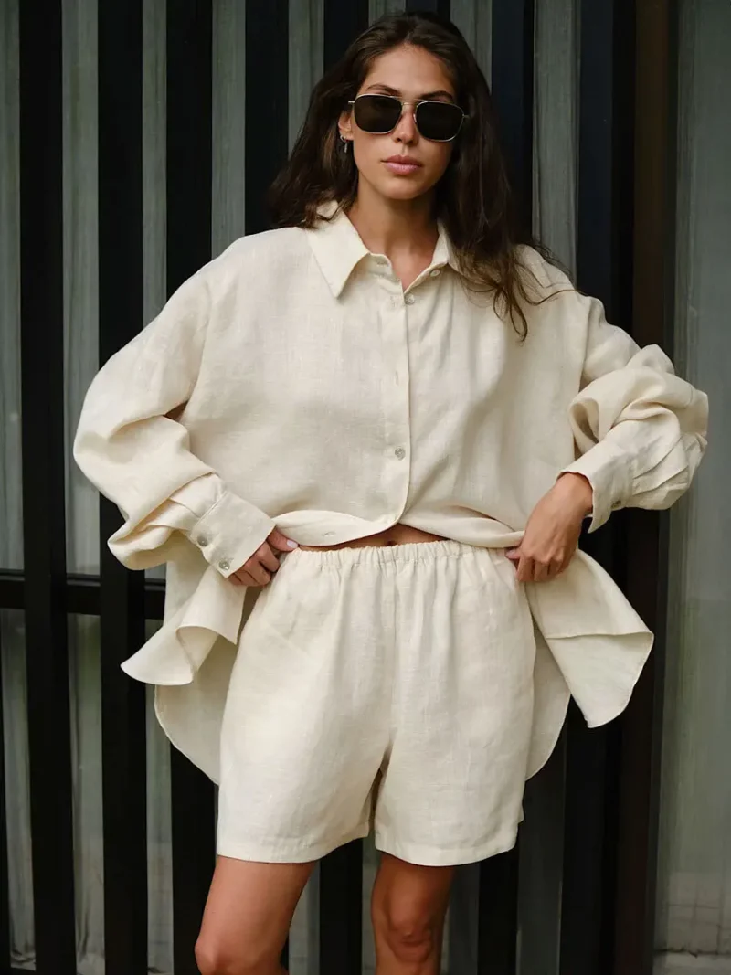 Eco-friendly Cotton Casual Lantern Sleeve Shorts Set - Image 9