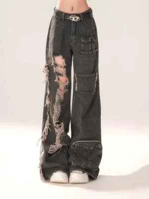 Wide Leg Ripped Jeans: Y2K Grunge Hippie Streetwear