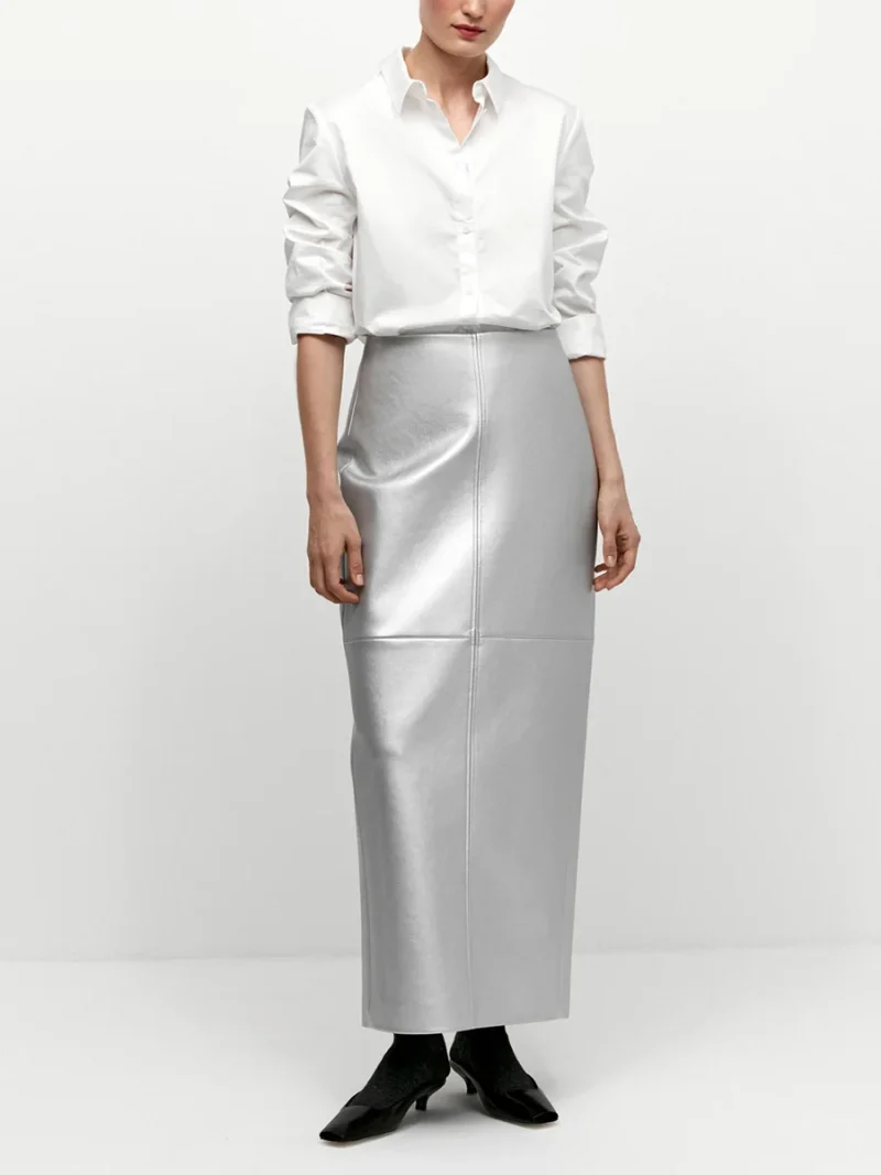 Eco-friendly Gold PU Leather High Waist Skirt - Image 2
