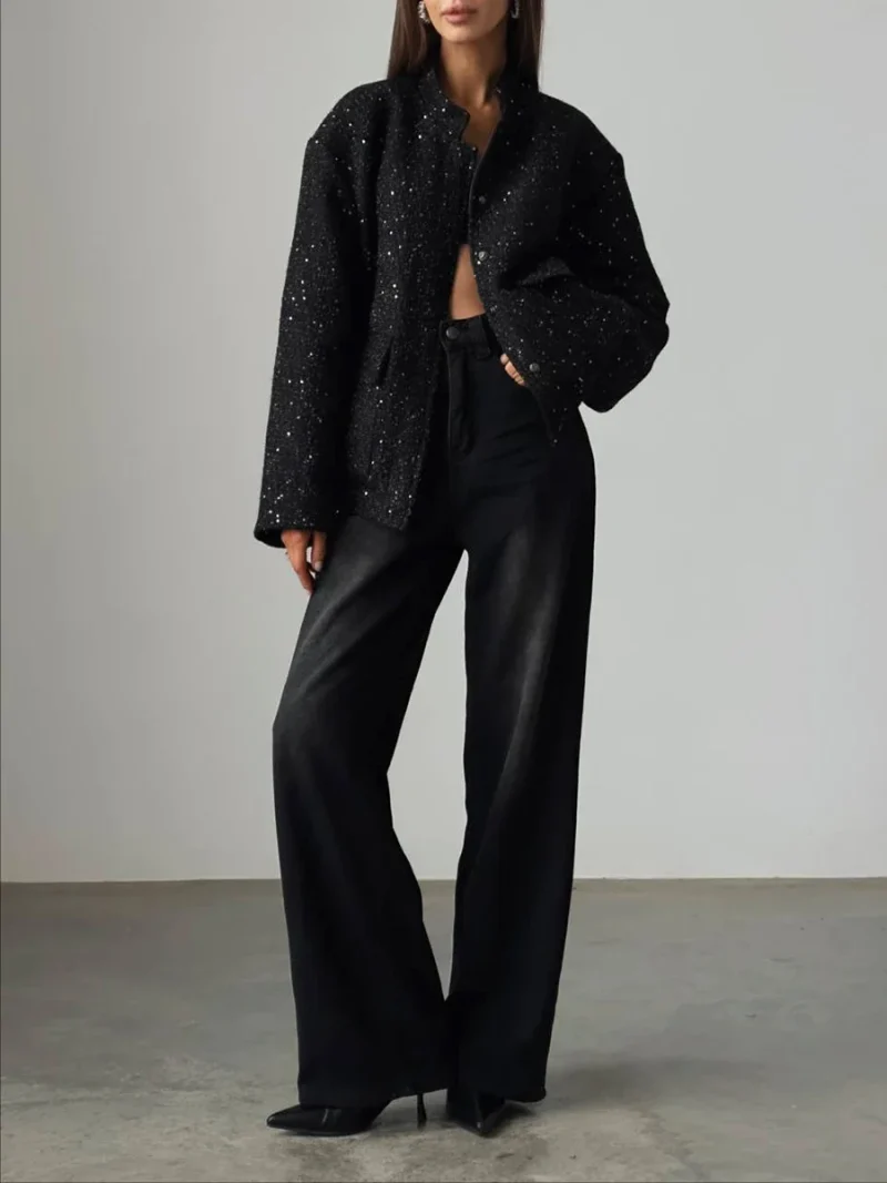 Eco-friendly Loose Tweed Sequin Fashion Coat Chic - Image 3