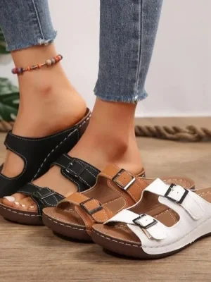 British Style Summer Flat Slippers with Roman Buckle