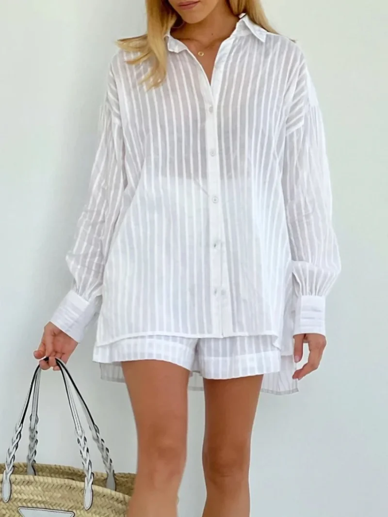 Eco-friendly Striped Jacquard Casual Shorts Set - Image 2