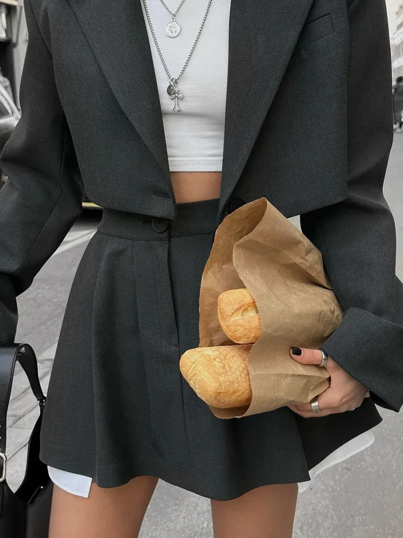 Eco-friendly Stylish Crop Blazer and Pleated Skirt - Image 8
