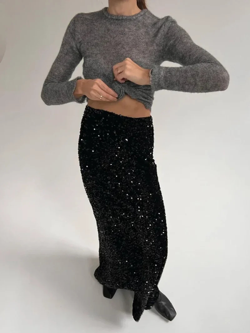 Eco-friendly Elegant Velvet Silk Sequin Long Skirt - Image 6
