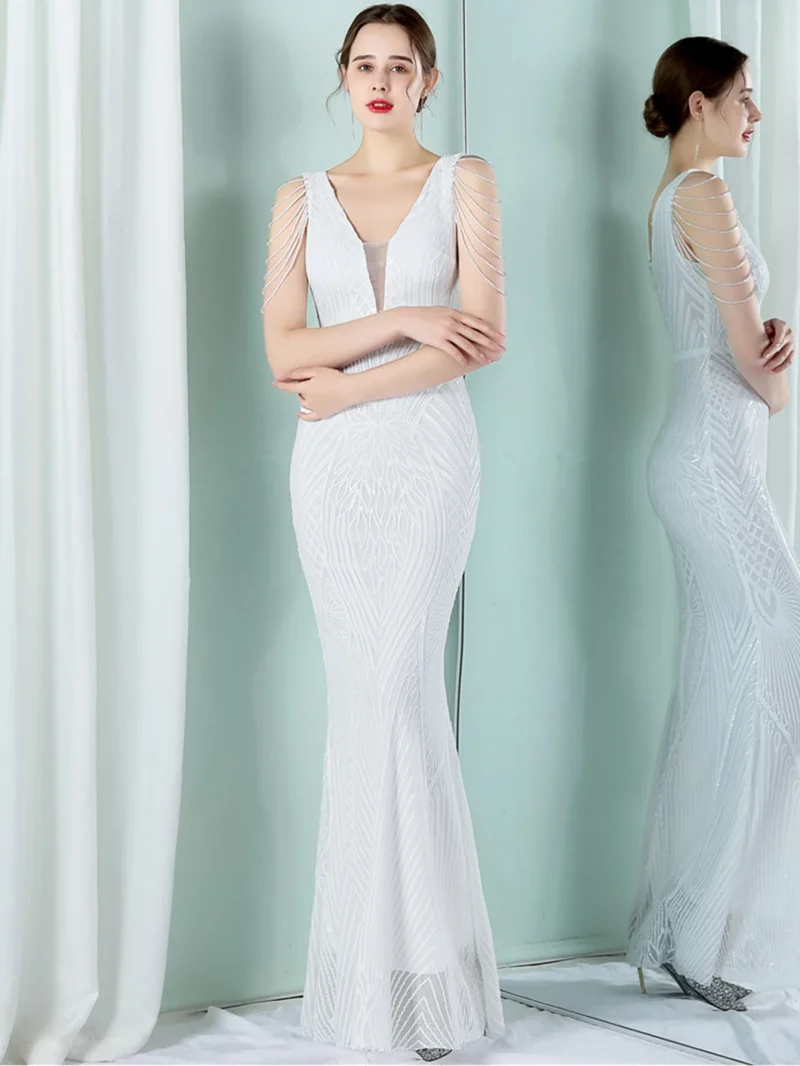Eco-Friendly White Sequin Rhinestone Maxi Dress - Image 10