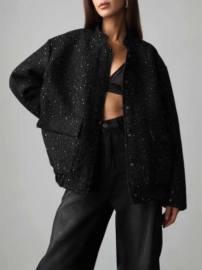 Eco-friendly Loose Tweed Sequin Fashion Coat Chic - Image 2
