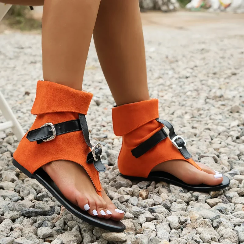 Clip Toe Roman Sandals Denim Buckle Flat