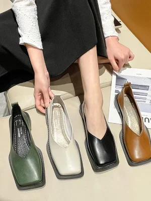 Square Toe Flat Shoes Women Simple Leather