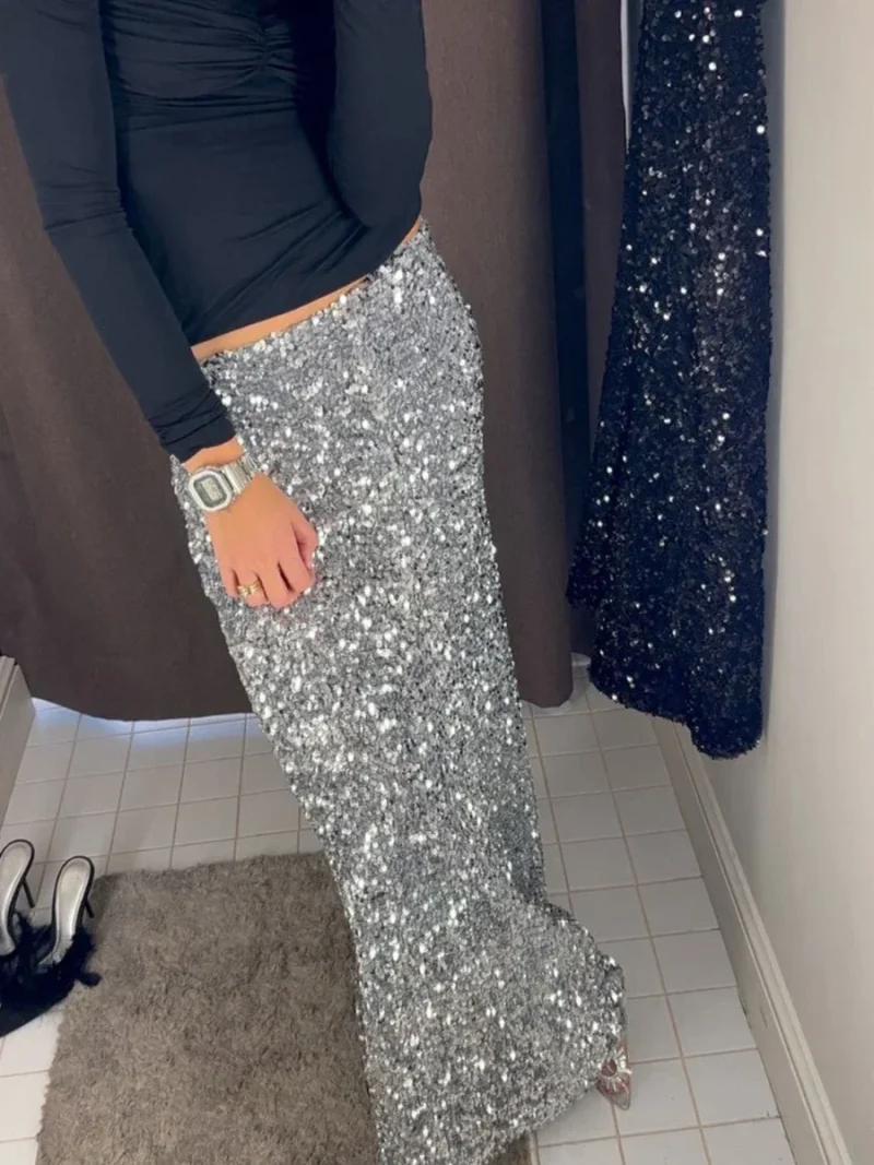 Eco-friendly Elegant Velvet Silk Sequin Long Skirt - Image 3