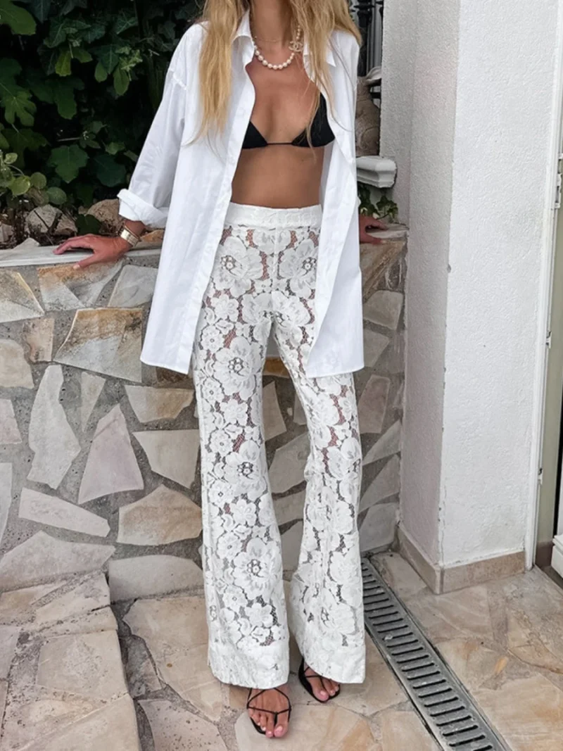 Eco-friendly White Lace Flare Beach Pants - Image 2