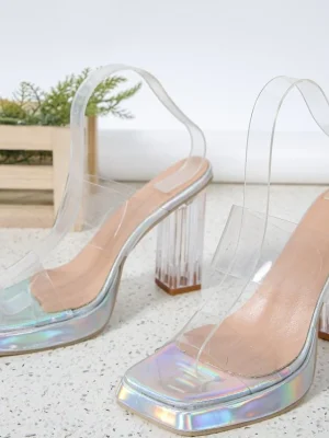 Rhinestone High Heels: Silver Open Toe Slippers with Transparent Heels