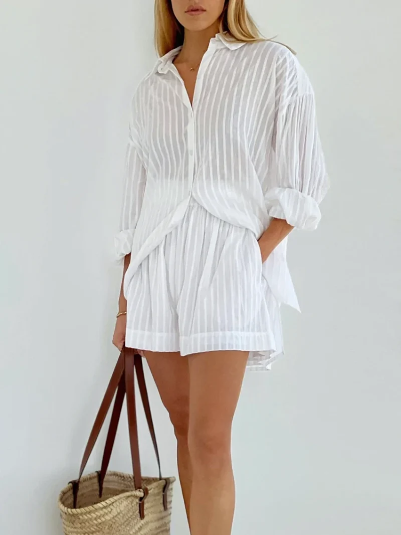 Eco-friendly Striped Jacquard Casual Shorts Set - Image 6