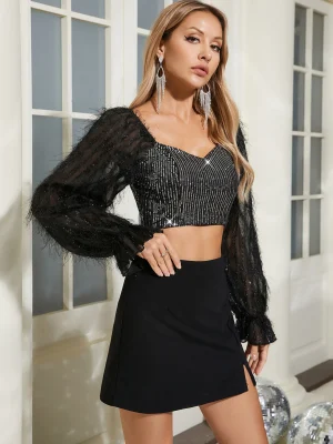 Eco-Friendly Black Sequin Crop Top