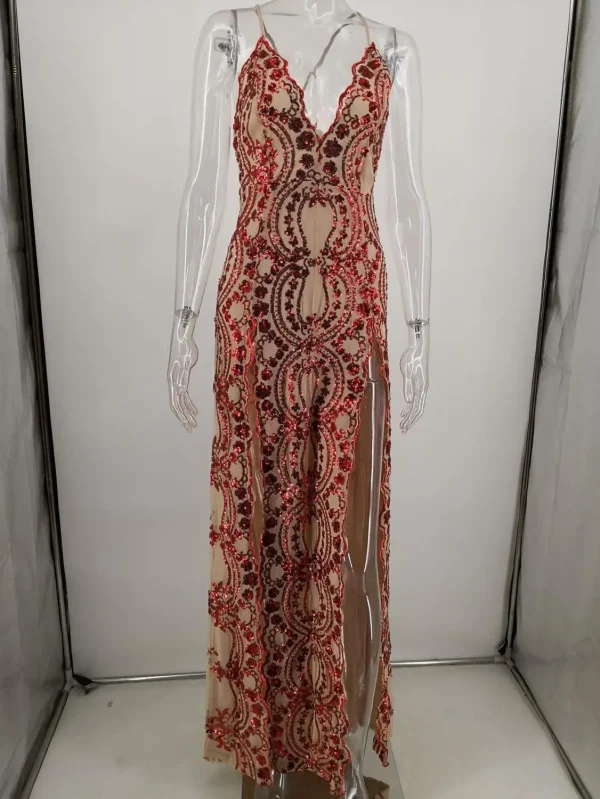 Sexy Red White Sequin Summer Maxi Dress - Image 3