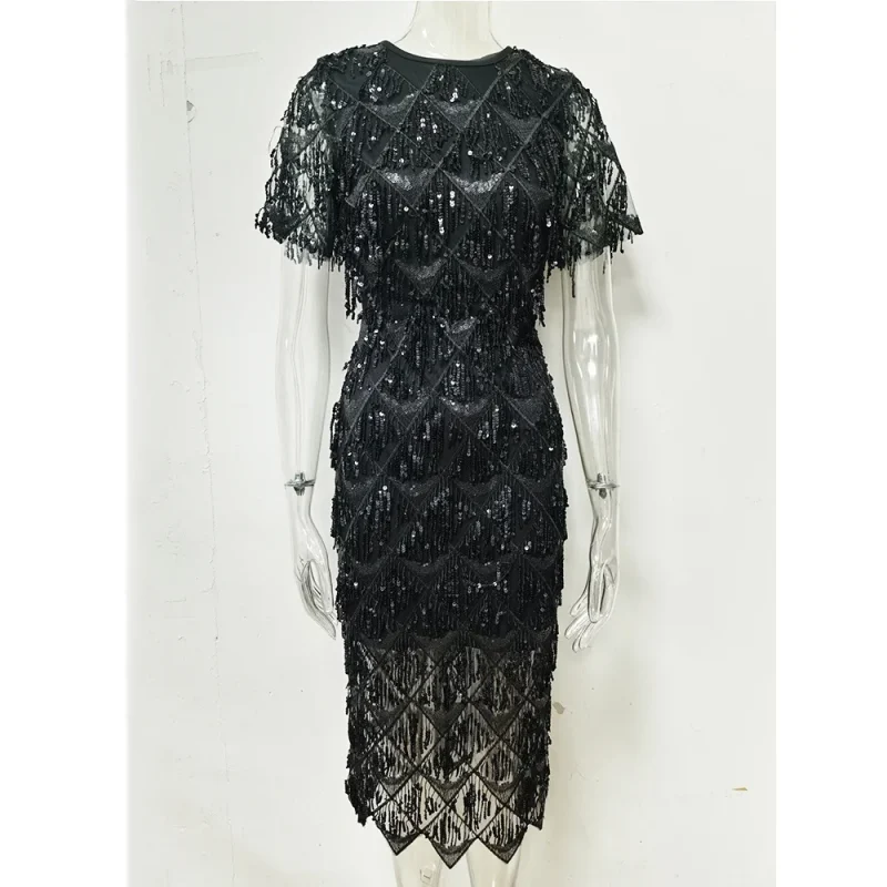 Sexy Vintage Black Sequin Maxi Dress - Image 3