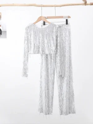 Bright Silk Sequin Tassel Crop Top & Wide Leg Pants