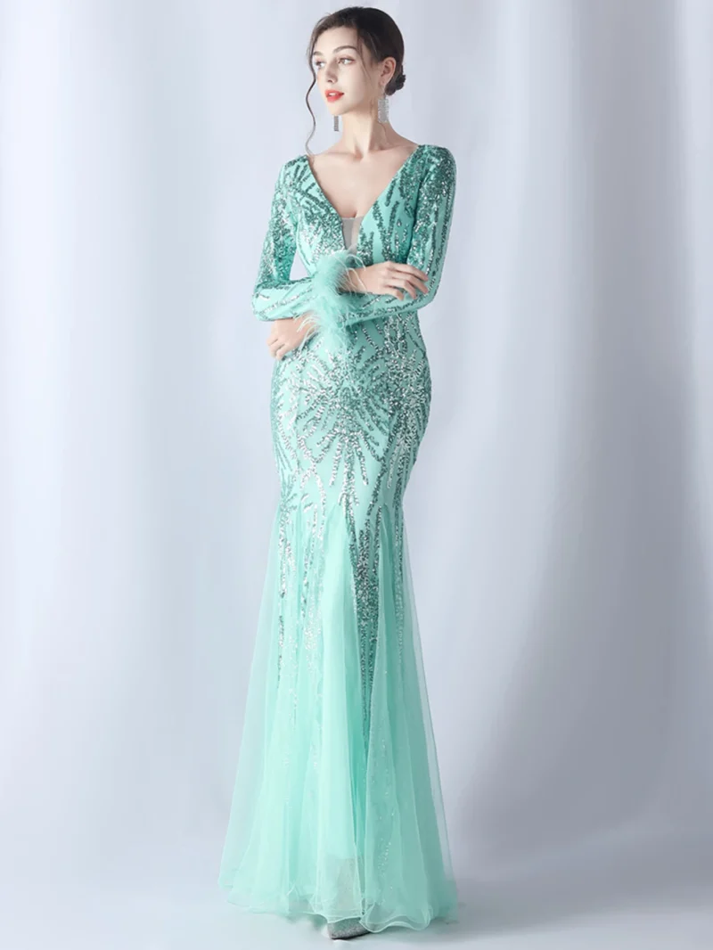 Sexy Backless Sequin Wedding  Evening Gown with Sleeves - Image 14