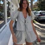 Lace-Up Shirt & Wide Leg Pants Set Summer - Image 3
