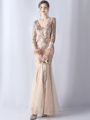 Sexy Backless Sequin Wedding  Evening Gown with Sleeves