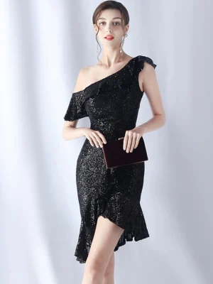 Black Sequin Ruffles Party Dress Women