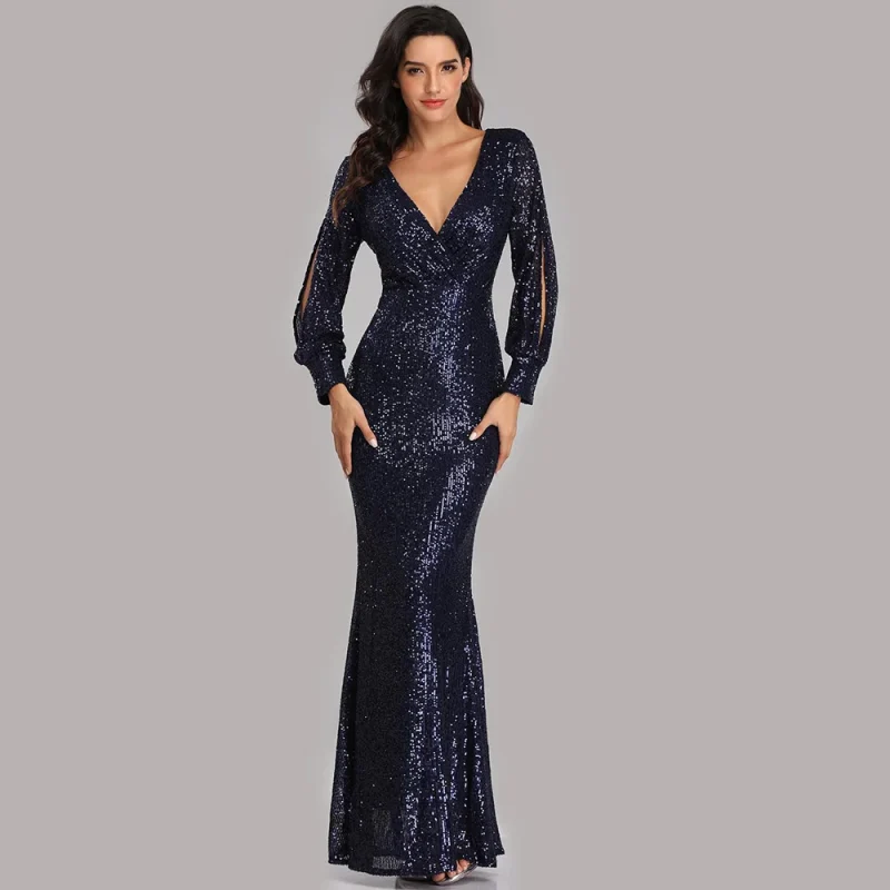 Sexy Sequin Long Sleeve Maxi Dress - Image 9
