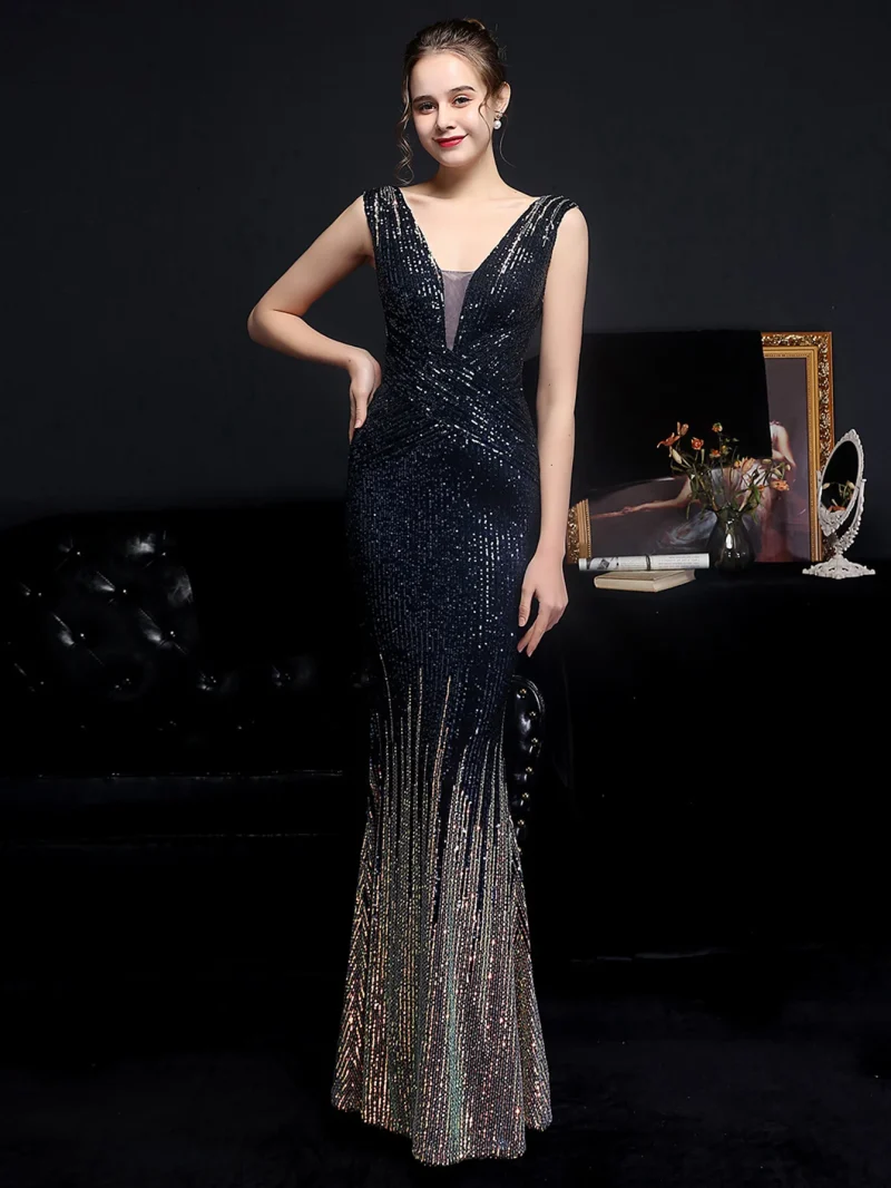 Sexy Backless Black White Sequin Maxi Dress - Image 10