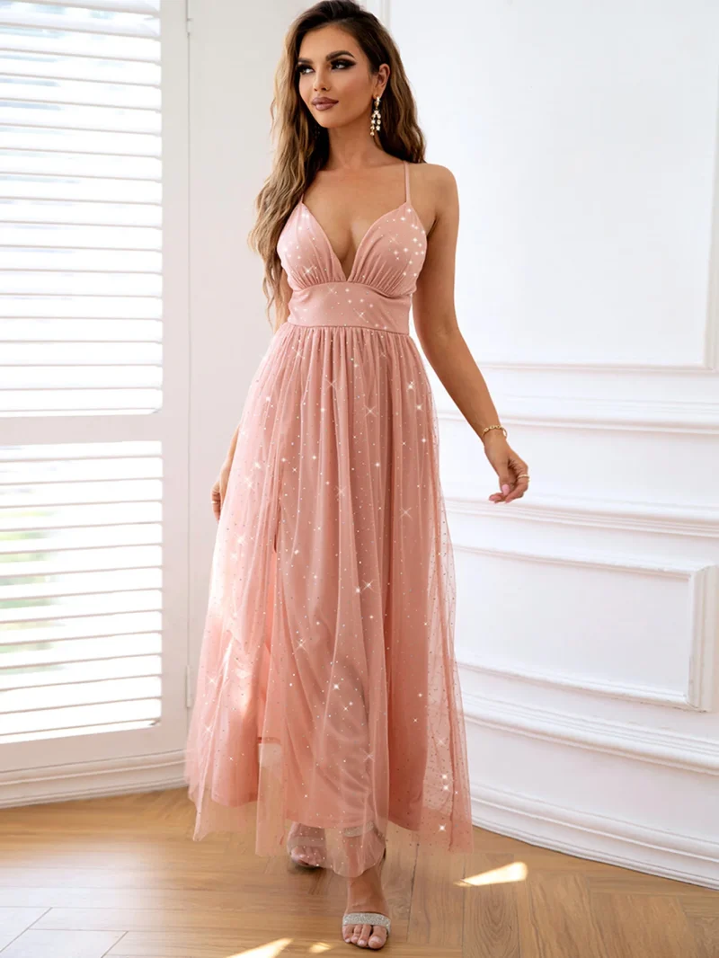 Women's Sexy Backless Pink Mesh Maxi Dress