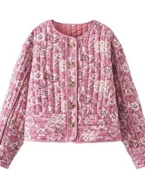 Casual Floral Print Coat & O-Neck Quilted Jacket