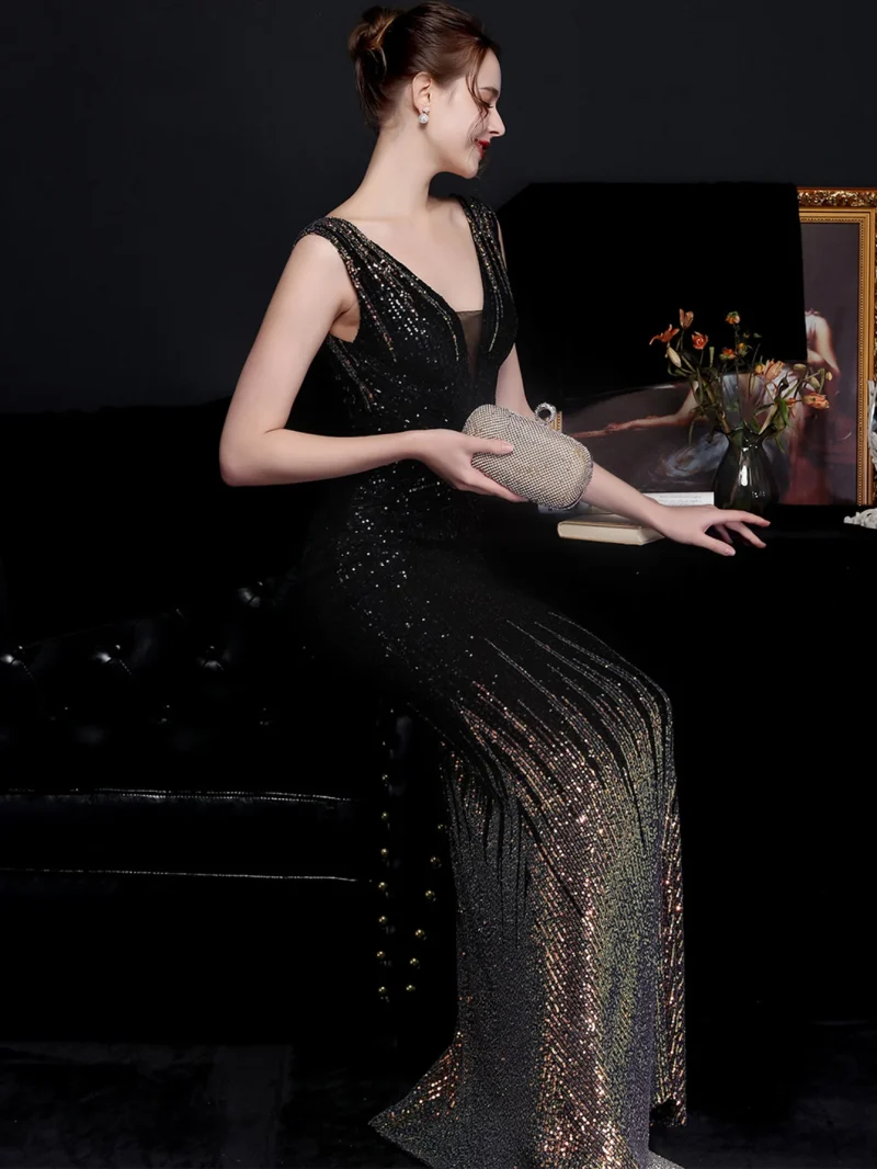 Sexy Backless Black White Sequin Maxi Dress - Image 14