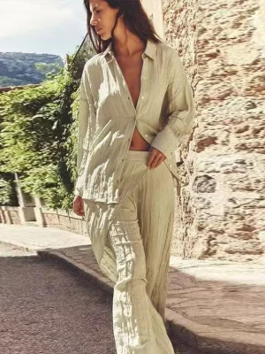 Women’s Loose Cotton Shirt & Wide Leg Pants Set