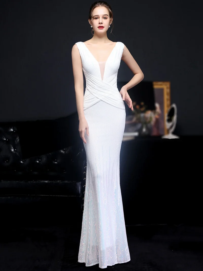 Sexy Backless Black White Sequin Maxi Dress - Image 15