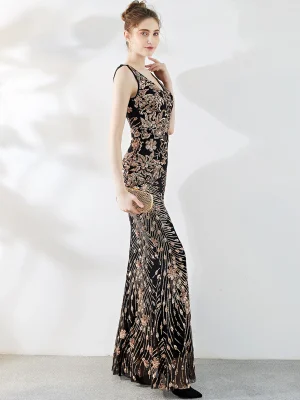 Elegant Backless Black Sequin Maxi Dress