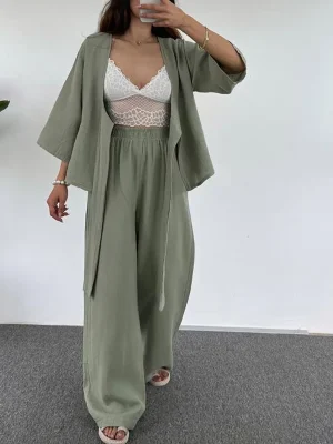 Lace-Up Long Sleeve Top & Wide Leg Pants