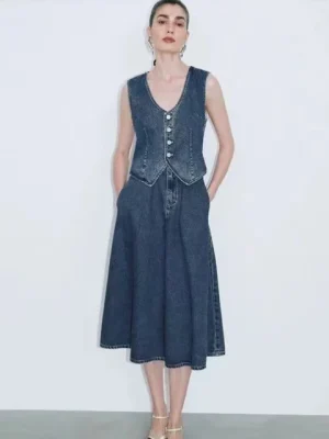 Solid Denim Pleated Skirt & Vest Set