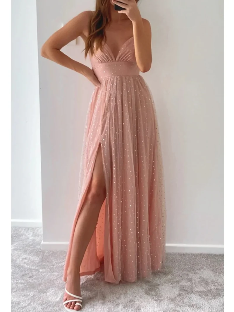 Women's Sexy Backless Pink Mesh Maxi Dress - Image 3