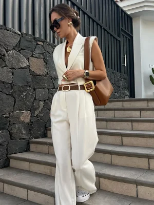 Button V-Neck Tank Top & Pants Suit