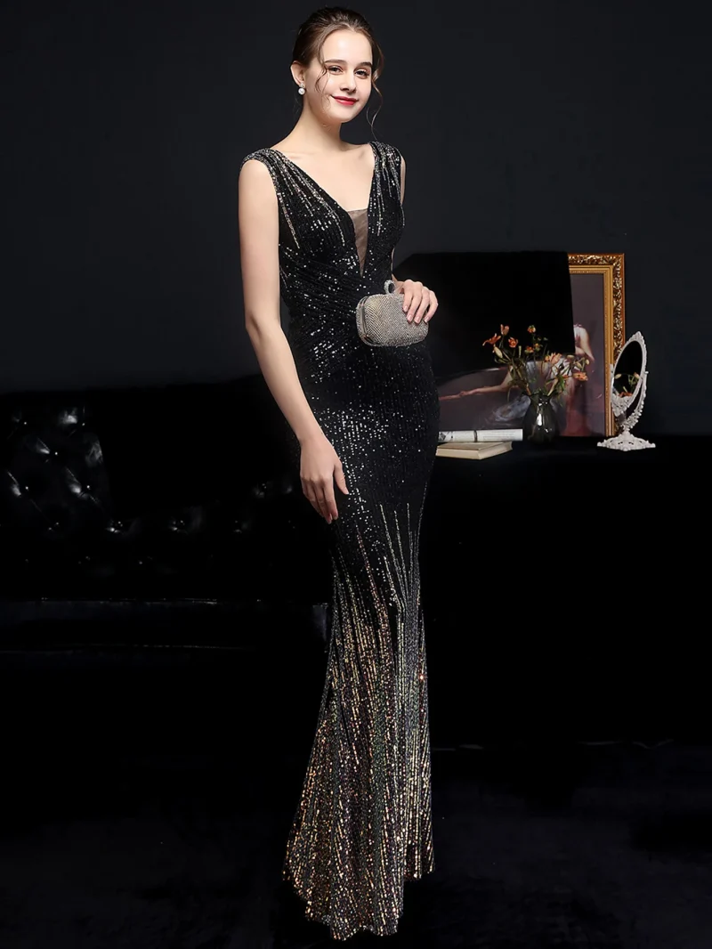 Sexy Backless Black White Sequin Maxi Dress - Image 13