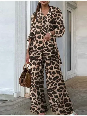 Women’s Leopard Print Shirt & Wide Leg Pants Suit