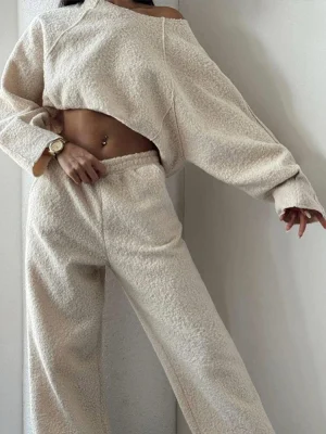 Lamb Wool Crop Top Pant Suits Women Fashion