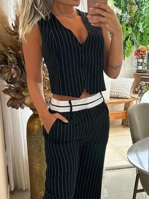 Women’s Stripe V-neck Crop Top & High Waist Pants Set