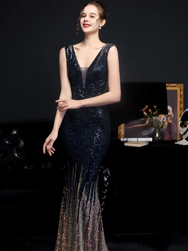 Sexy Backless Black White Sequin Maxi Dress - Image 11