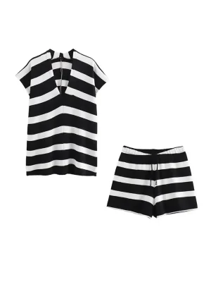 Striped Top & Shorts Set Women’s Lace Up