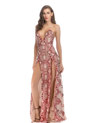 Sexy Red White Sequin Summer Maxi Dress