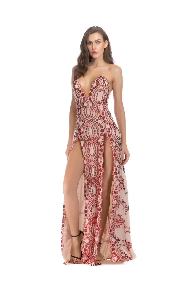 Sexy Red White Sequin Summer Maxi Dress